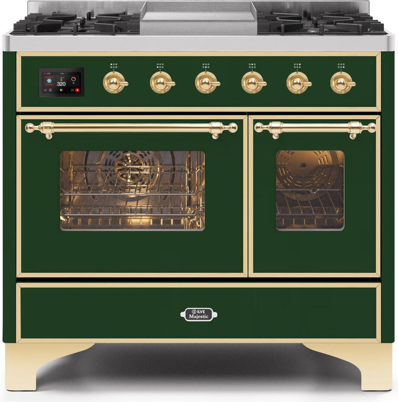 ILVE 40" Majestic II Dual Fuel Range with 6 Sealed Burners and Griddle - 3.82 cu. ft. Oven - Brass Trim in Emerald Green (UMD10FDNS3EGG) Ranges ILVE 
