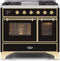 ILVE 40-Inch Majestic II Dual Fuel Range with 6 Sealed Burners and Griddle - 3.82 cu. ft. Oven - Brass Trim in Glossy Black (UMD10FDNS3BKG)