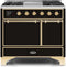 ILVE 40-Inch Majestic II Dual Fuel Range with 6 Sealed Burners and Griddle - 3.82 cu. ft. Oven - Brass Trim in Glossy Black (UMD10FDQNS3BKG)