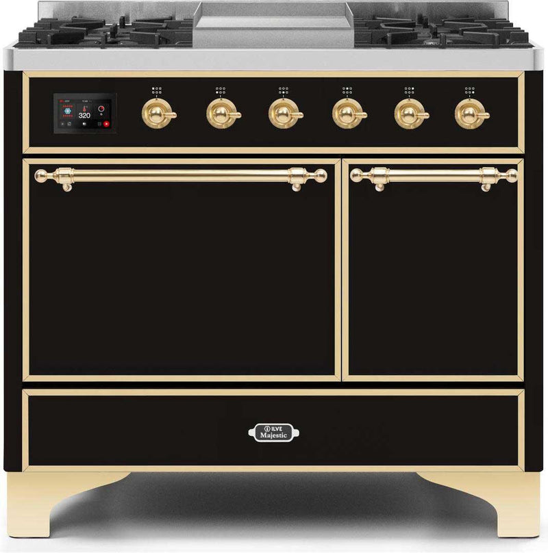 ILVE 40" Majestic II Dual Fuel Range with 6 Sealed Burners and Griddle - 3.82 cu. ft. Oven - Brass Trim in Glossy Black (UMD10FDQNS3BKG) Ranges ILVE 