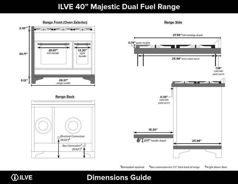 ILVE 40" Majestic II Dual Fuel Range with 6 Sealed Burners and Griddle - 3.82 cu. ft. Oven - Brass Trim in Matte Graphite (UMD10FDNS3MGG) Ranges ILVE 
