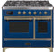 ILVE 40-Inch Majestic II Dual Fuel Range with 6 Sealed Burners and Griddle - 3.82 cu. ft. Oven - Brass Trim in Midnight Blue (UMD10FDNS3MBG)