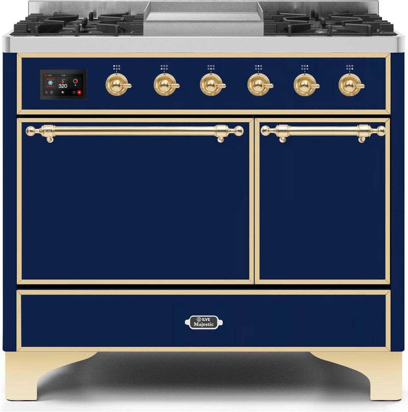 ILVE 40" Majestic II Dual Fuel Range with 6 Sealed Burners and Griddle - 3.82 cu. ft. Oven - Brass Trim in Midnight Blue (UMD10FDQNS3MBG) Ranges ILVE 