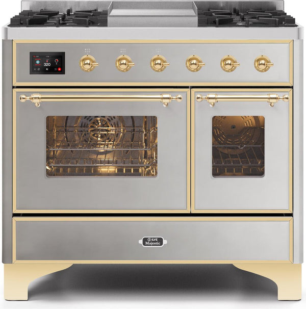 ILVE 40" Majestic II Dual Fuel Range with 6 Sealed Burners and Griddle - 3.82 cu. ft. Oven - Brass Trim in Stainless Steel (UMD10FDNS3SSG) Ranges ILVE 