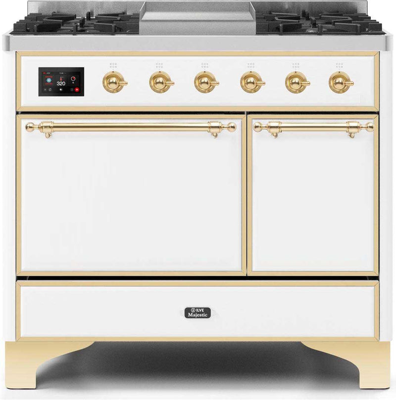 ILVE 40" Majestic II Dual Fuel Range with 6 Sealed Burners and Griddle - 3.82 cu. ft. Oven - Brass Trim in White (UMD10FDQNS3WHG) Ranges ILVE 