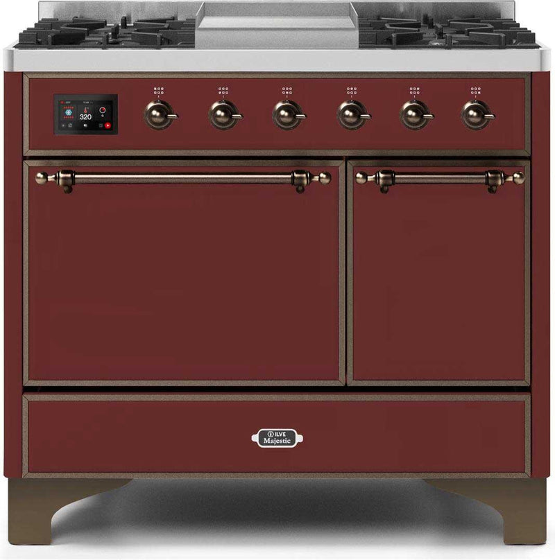 ILVE 40" Majestic II Dual Fuel Range with 6 Sealed Burners and Griddle - 3.82 cu. ft. Oven - Bronze Trim in Burgundy (UMD10FDQNS3BUB) Ranges ILVE 