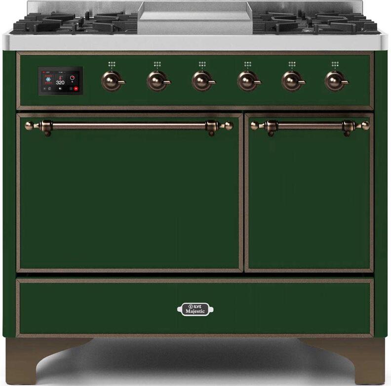 ILVE 40" Majestic II Dual Fuel Range with 6 Sealed Burners and Griddle - 3.82 cu. ft. Oven - Bronze Trim in Emerald Green (UMD10FDQNS3EGB) Ranges ILVE 