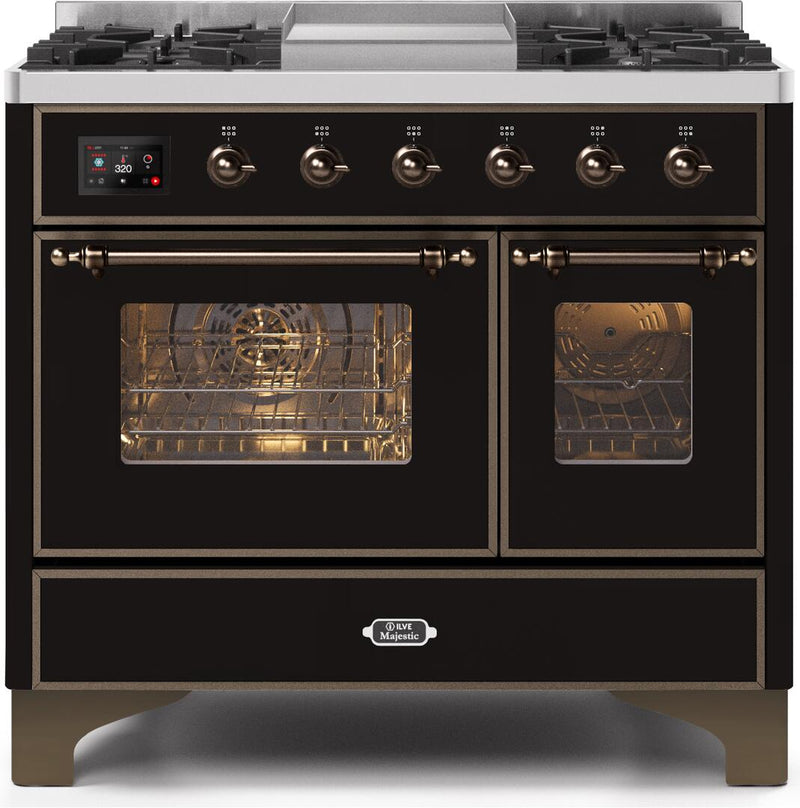 ILVE 40" Majestic II Dual Fuel Range with 6 Sealed Burners and Griddle - 3.82 cu. ft. Oven - Bronze Trim in Glossy Black (UMD10FDNS3BKB) Ranges ILVE 