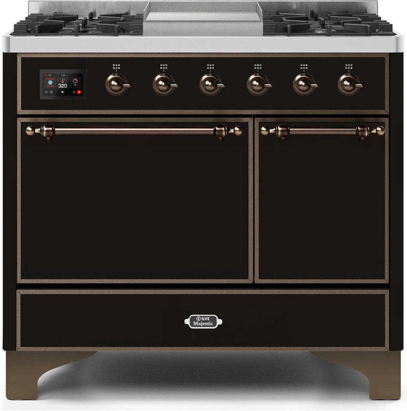 ILVE 40" Majestic II Dual Fuel Range with 6 Sealed Burners and Griddle - 3.82 cu. ft. Oven - Bronze Trim in Glossy Black (UMD10FDQNS3BKB) Ranges ILVE 