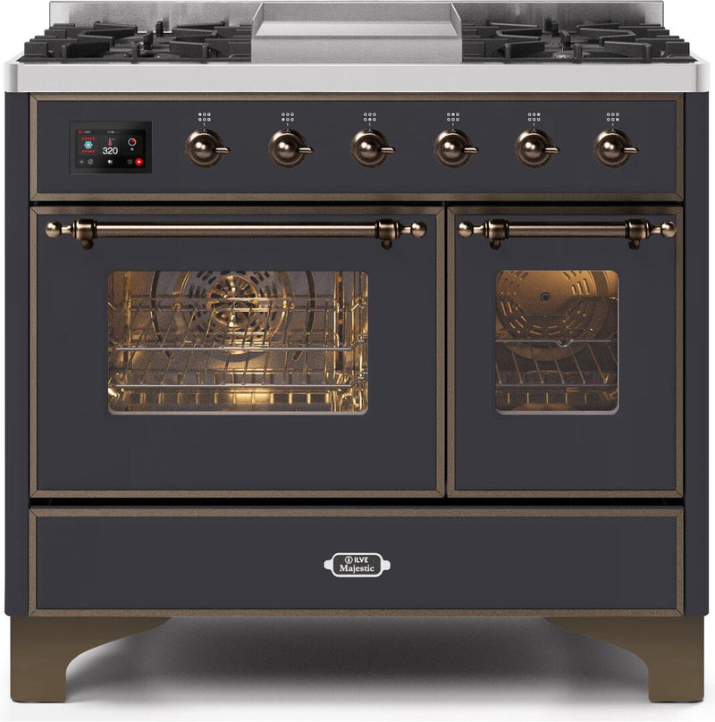 ILVE 40" Majestic II Dual Fuel Range with 6 Sealed Burners and Griddle - 3.82 cu. ft. Oven - Bronze Trim in Matte Graphite (UMD10FDNS3MGB) Ranges ILVE 