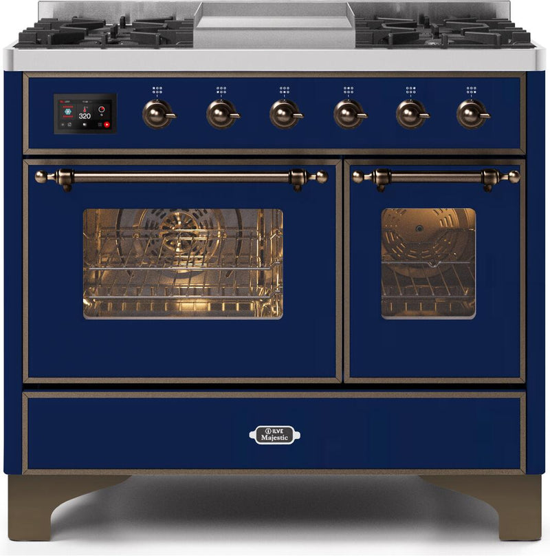 ILVE 40" Majestic II Dual Fuel Range with 6 Sealed Burners and Griddle - 3.82 cu. ft. Oven - Bronze Trim in Midnight Blue (UMD10FDNS3MBB) Ranges ILVE 