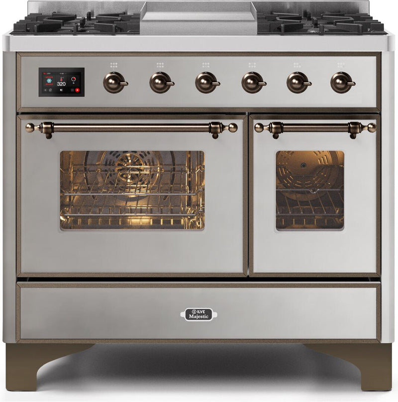 ILVE 40" Majestic II Dual Fuel Range with 6 Sealed Burners and Griddle - 3.82 cu. ft. Oven - Bronze Trim in Stainless Steel (UMD10FDNS3SSB) Ranges ILVE 