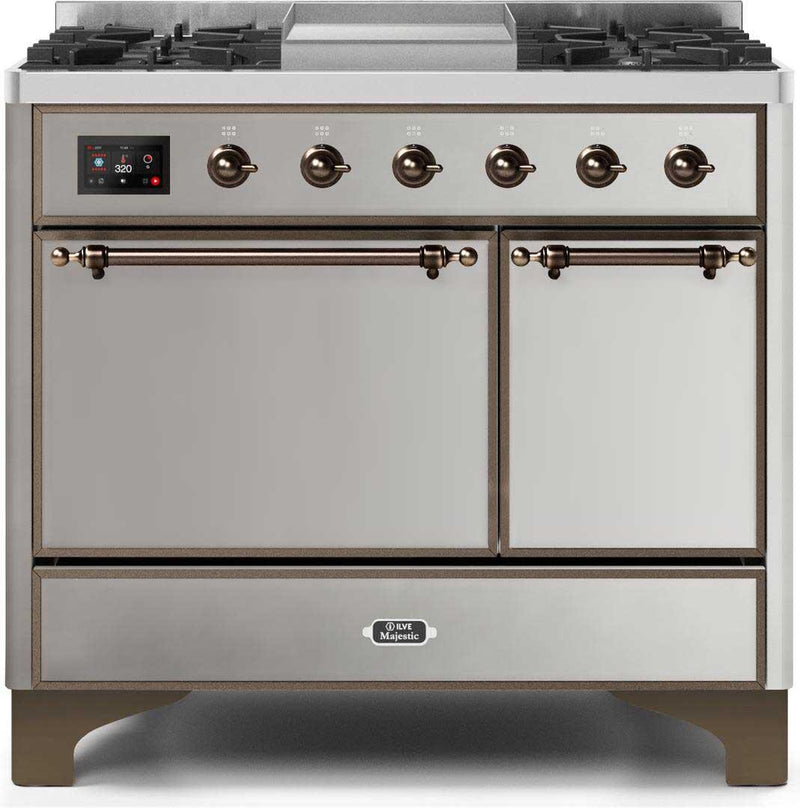 ILVE 40" Majestic II Dual Fuel Range with 6 Sealed Burners and Griddle - 3.82 cu. ft. Oven - Bronze Trim in Stainless Steel (UMD10FDQNS3SSB) Ranges ILVE 