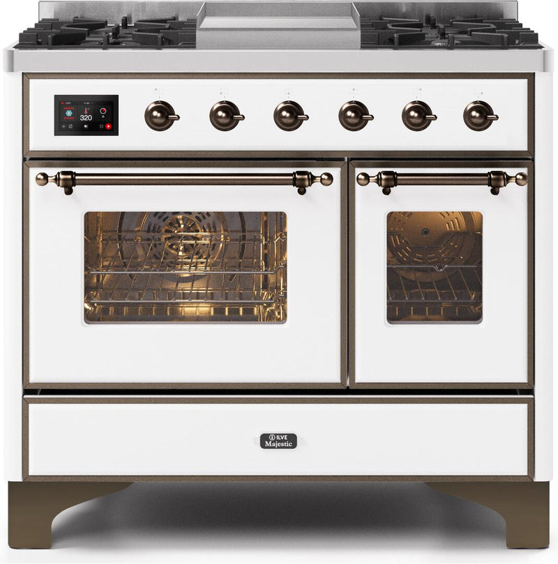 ILVE 40" Majestic II Dual Fuel Range with 6 Sealed Burners and Griddle - 3.82 cu. ft. Oven - Bronze Trim in White (UMD10FDNS3WHB) Ranges ILVE 