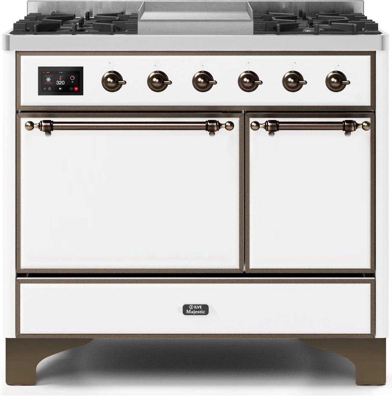 ILVE 40" Majestic II Dual Fuel Range with 6 Sealed Burners and Griddle - 3.82 cu. ft. Oven - Bronze Trim in White (UMD10FDQNS3WHB) Ranges ILVE 