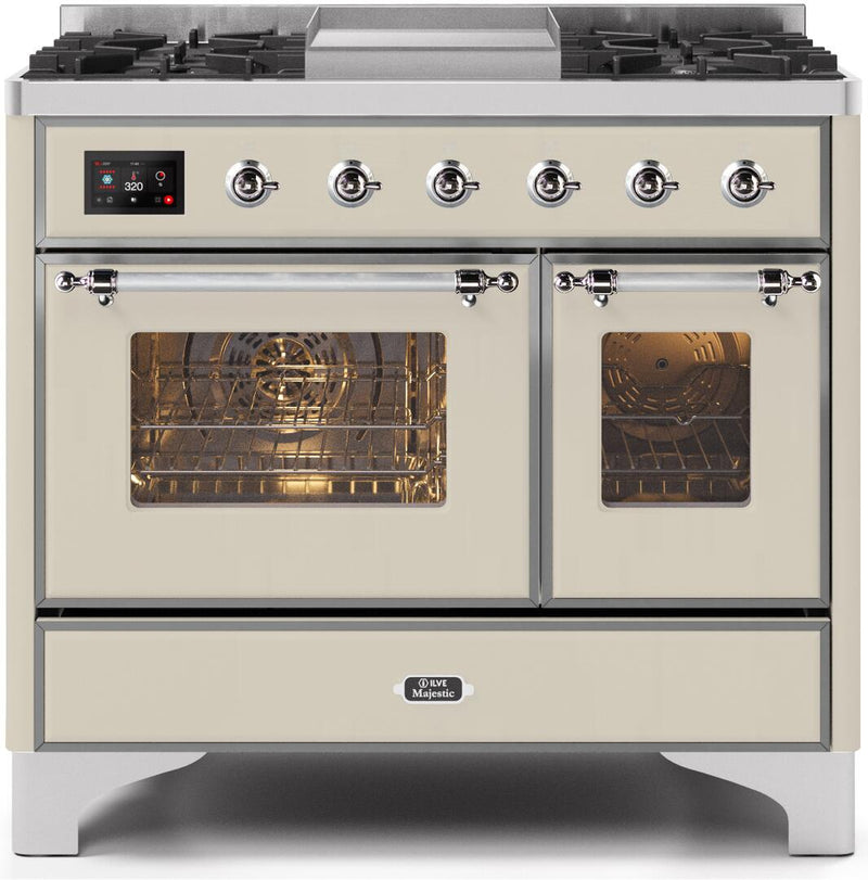 ILVE 40" Majestic II Dual Fuel Range with 6 Sealed Burners and Griddle - 3.82 cu. ft. Oven - Chrome Trim in Antique White (UMD10FDNS3AWC) Ranges ILVE 