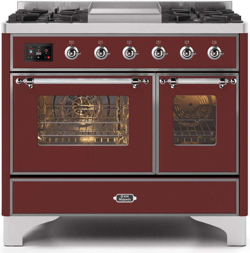 ILVE 40" Majestic II Dual Fuel Range with 6 Sealed Burners and Griddle - 3.82 cu. ft. Oven - Chrome Trim in Burgundy (UMD10FDNS3BUC) Ranges ILVE 