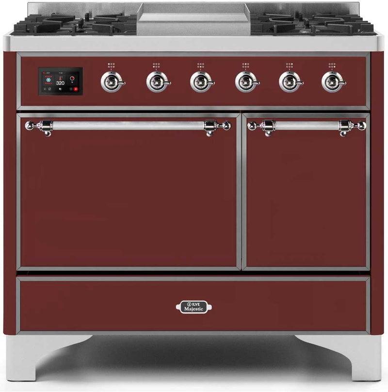 ILVE 40" Majestic II Dual Fuel Range with 6 Sealed Burners and Griddle - 3.82 cu. ft. Oven - Chrome Trim in Burgundy (UMD10FDQNS3BUC) Ranges ILVE 