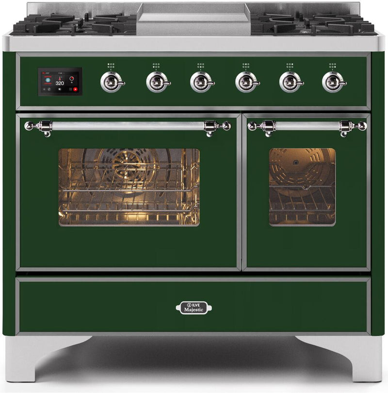 ILVE 40" Majestic II Dual Fuel Range with 6 Sealed Burners and Griddle - 3.82 cu. ft. Oven - Chrome Trim in Emerald Green (UMD10FDNS3EGC) Ranges ILVE 