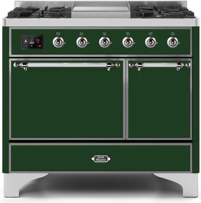 ILVE 40" Majestic II Dual Fuel Range with 6 Sealed Burners and Griddle - 3.82 cu. ft. Oven - Chrome Trim in Emerald Green (UMD10FDQNS3EGC) Ranges ILVE 