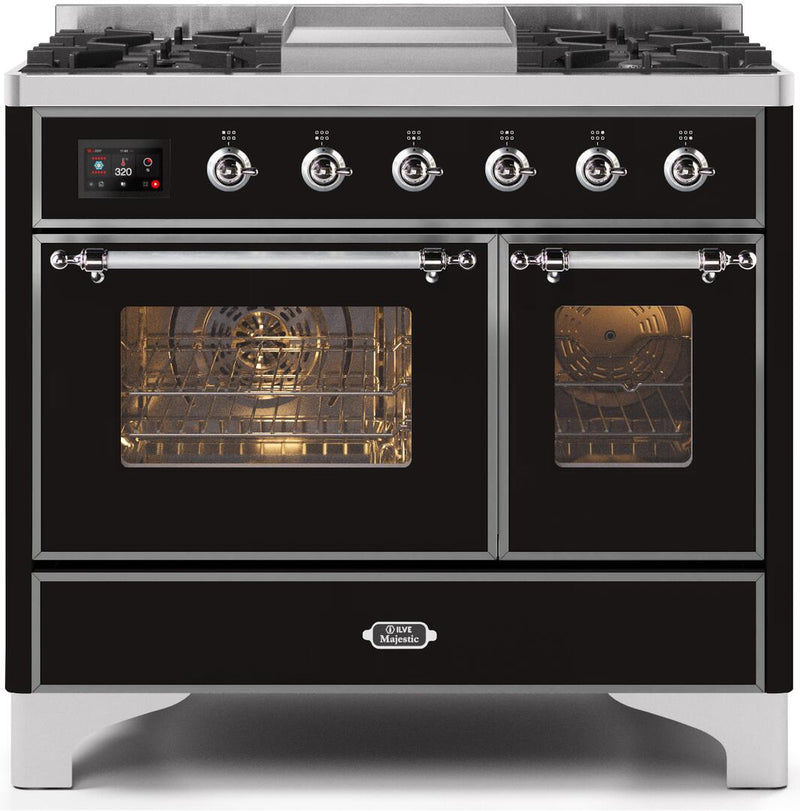 ILVE 40" Majestic II Dual Fuel Range with 6 Sealed Burners and Griddle - 3.82 cu. ft. Oven - Chrome Trim in Glossy Black (UMD10FDNS3BKC) Ranges ILVE 