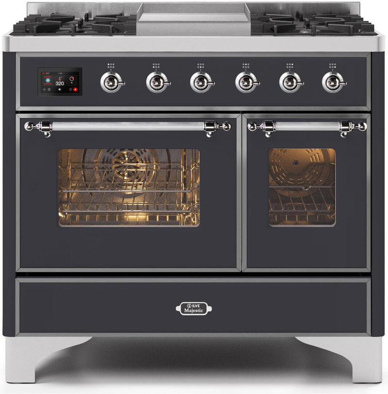 ILVE 40" Majestic II Dual Fuel Range with 6 Sealed Burners and Griddle - 3.82 cu. ft. Oven - Chrome Trim in Matte Graphite (UMD10FDNS3MGC) Ranges ILVE 
