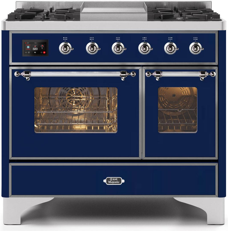 ILVE 40" Majestic II Dual Fuel Range with 6 Sealed Burners and Griddle - 3.82 cu. ft. Oven - Chrome Trim in Midnight Blue (UMD10FDNS3MBC) Ranges ILVE 