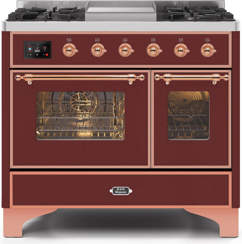 ILVE 40" Majestic II Dual Fuel Range with 6 Sealed Burners and Griddle - 3.82 cu. ft. Oven - Copper Trim in Burgundy (UMD10FDNS3BUP) Ranges ILVE 