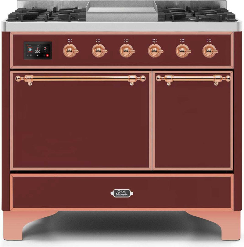 ILVE 40" Majestic II Dual Fuel Range with 6 Sealed Burners and Griddle - 3.82 cu. ft. Oven - Copper Trim in Burgundy (UMD10FDQNS3BUP) Ranges ILVE 