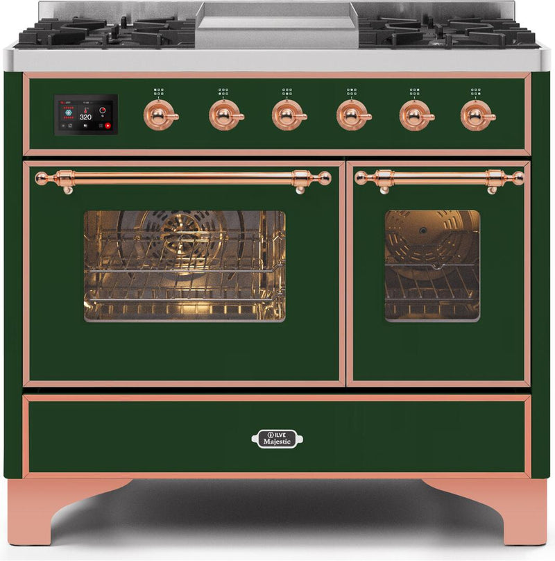 ILVE 40" Majestic II Dual Fuel Range with 6 Sealed Burners and Griddle - 3.82 cu. ft. Oven - Copper Trim in Emerald Green (UMD10FDNS3EGP) Ranges ILVE 