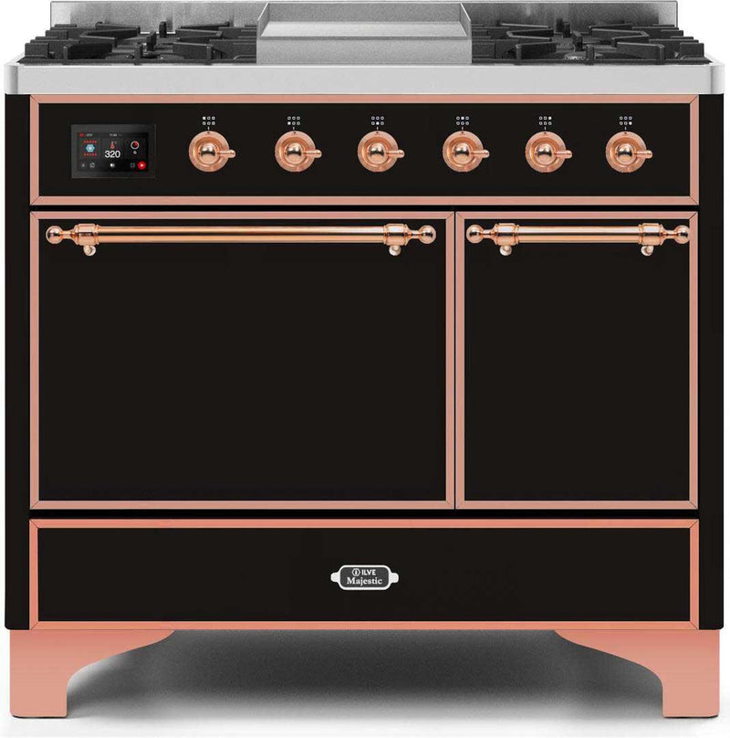 ILVE 40" Majestic II Dual Fuel Range with 6 Sealed Burners and Griddle - 3.82 cu. ft. Oven - Copper Trim in Glossy Black (UMD10FDQNS3BKP) Ranges ILVE 