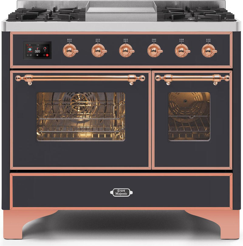 ILVE 40" Majestic II Dual Fuel Range with 6 Sealed Burners and Griddle - 3.82 cu. ft. Oven - Copper Trim in Matte Graphite (UMD10FDNS3MGP) Ranges ILVE 