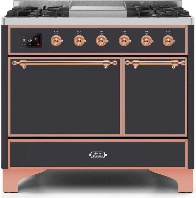 ILVE 40" Majestic II Dual Fuel Range with 6 Sealed Burners and Griddle - 3.82 cu. ft. Oven - Copper Trim in Matte Graphite (UMD10FDQNS3MGP) Ranges ILVE 