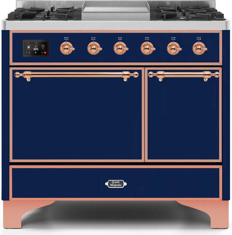 ILVE 40" Majestic II Dual Fuel Range with 6 Sealed Burners and Griddle - 3.82 cu. ft. Oven - Copper Trim in Midnight Blue (UMD10FDQNS3MBP) Ranges ILVE 