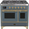 ILVE 40-Inch Majestic II Dual Fuel Range with 6 Sealed Burners and Griddle - 3.82 cu. ft. Oven - in Grey Blue with Brass Trim (UMD10FDNS3BGG)