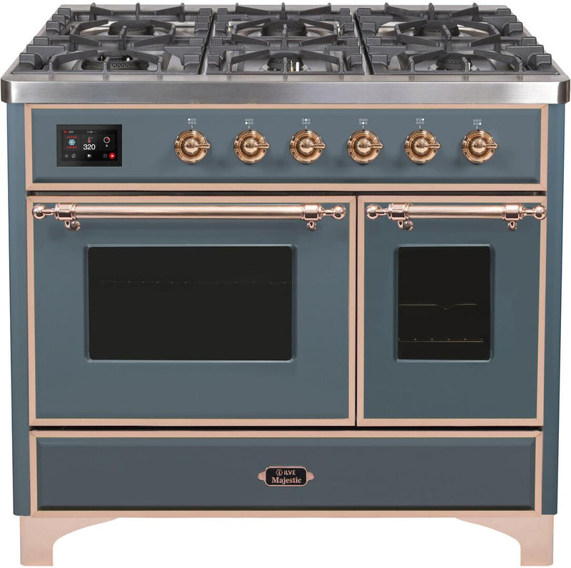 ILVE 40" Majestic II Dual Fuel Range with 6 Sealed Burners and Griddle - 3.82 cu. ft. Oven - in Grey Blue with Copper Trim (UMD10FDNS3BGP) Ranges ILVE 