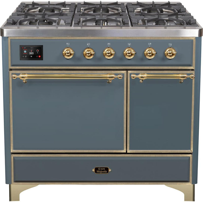 ILVE 40" Majestic II Series Freestanding Dual Fuel Double Oven Range with 6 Sealed Burners in Blue Grey with Brass Trim (UMD10FDQNS3BGG) Ranges ILVE 