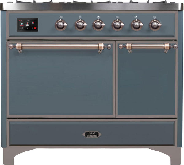 ILVE 40" Majestic II Series Freestanding Dual Fuel Double Oven Range with 6 Sealed Burners in Blue Grey with Bronze Trim (UMD10FDQNS3BGB) Ranges ILVE 
