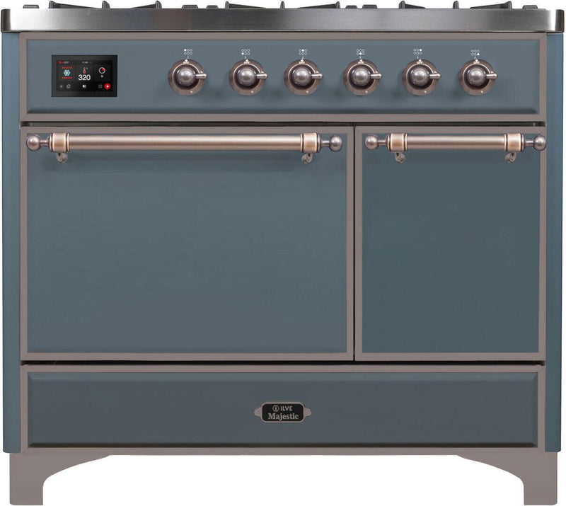 ILVE 40" Majestic II Series Freestanding Dual Fuel Double Oven Range with 6 Sealed Burners in Blue Grey with Bronze Trim (UMD10FDQNS3BGB) Ranges ILVE 