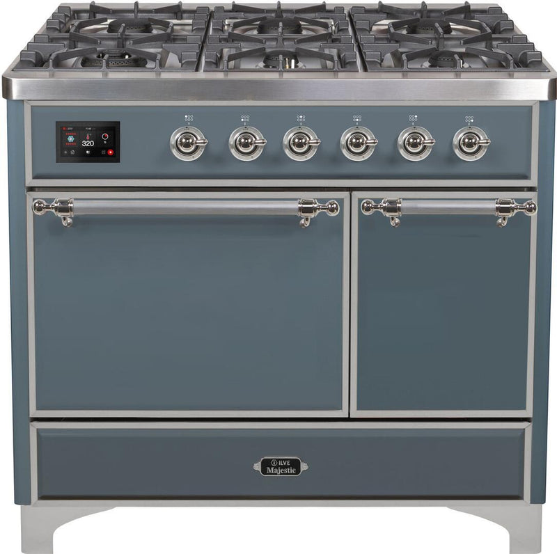 ILVE 40" Majestic II Series Freestanding Dual Fuel Double Oven Range with 6 Sealed Burners in Blue Grey with Chrome Trim (UMD10FDQNS3BGC) Ranges ILVE 