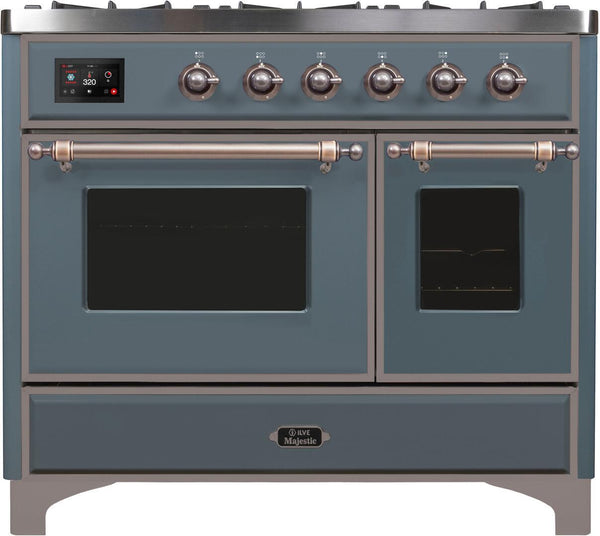 ILVE 40" Majestic II Series Freestanding Dual Fuel Double Windowed Oven Range with 6 Sealed Burners in Blue Grey with Bronze Trim (UMD10FDNS3BGB) Ranges ILVE 