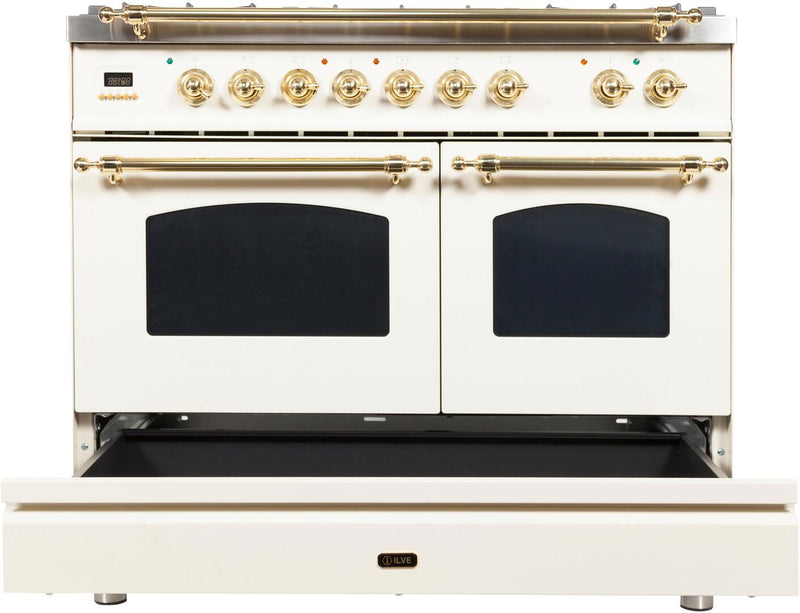 ILVE 40" Nostalgie - Dual Fuel Range with 5 Sealed Brass Burners - 3.55 cu. ft. Oven - Griddle with Brass Trim in Antique White (UPDN100FDMPA) Ranges ILVE 