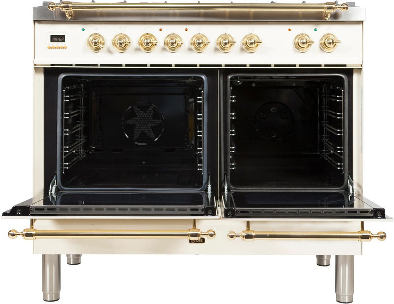 ILVE 40" Nostalgie - Dual Fuel Range with 5 Sealed Brass Burners - 3.55 cu. ft. Oven - Griddle with Brass Trim in Antique White (UPDN100FDMPA) Ranges ILVE 