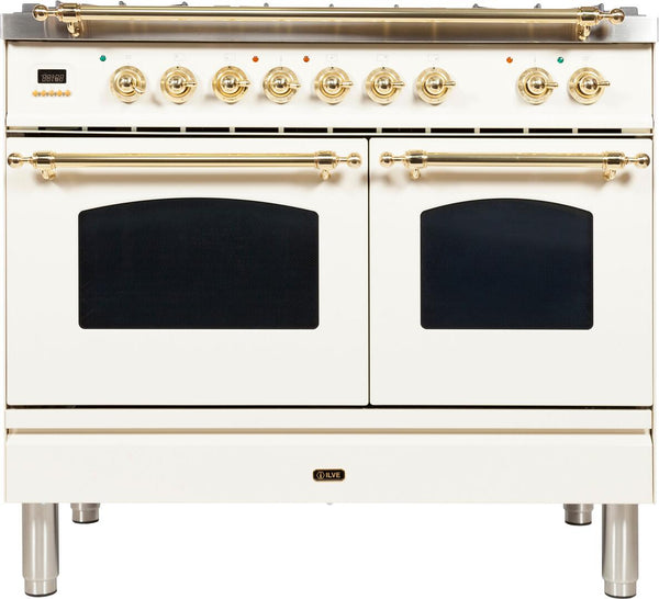 ILVE 40" Nostalgie - Dual Fuel Range with 5 Sealed Brass Burners - 3.55 cu. ft. Oven - Griddle with Brass Trim in Antique White (UPDN100FDMPA) Ranges ILVE 