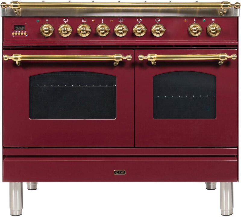 ILVE 40" Nostalgie - Dual Fuel Range with 5 Sealed Brass Burners - 3.55 cu. ft. Oven - Griddle with Brass Trim in Burgundy (UPDN100FDMPRB) Ranges ILVE 