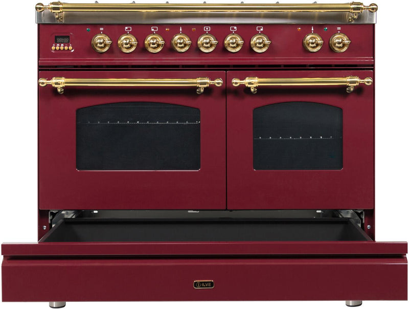 ILVE 40" Nostalgie - Dual Fuel Range with 5 Sealed Brass Burners - 3.55 cu. ft. Oven - Griddle with Brass Trim in Burgundy (UPDN100FDMPRB) Ranges ILVE 