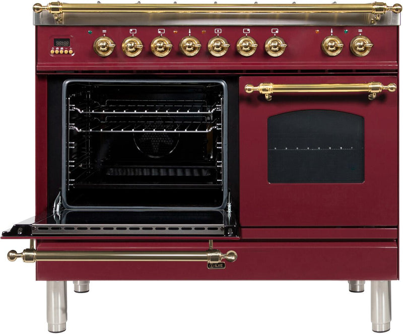 ILVE 40" Nostalgie - Dual Fuel Range with 5 Sealed Brass Burners - 3.55 cu. ft. Oven - Griddle with Brass Trim in Burgundy (UPDN100FDMPRB) Ranges ILVE 