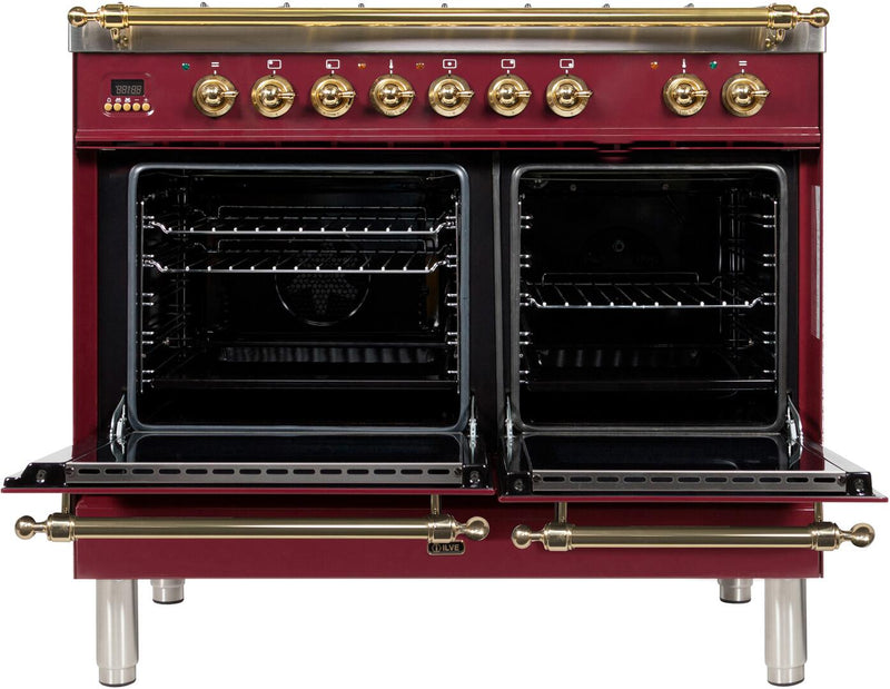 ILVE 40" Nostalgie - Dual Fuel Range with 5 Sealed Brass Burners - 3.55 cu. ft. Oven - Griddle with Brass Trim in Burgundy (UPDN100FDMPRB) Ranges ILVE 