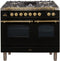 ILVE 40-Inch Nostalgie - Dual Fuel Range with 5 Sealed Brass Burners - 3.55 cu. ft. Oven - Griddle with Brass Trim in Glossy Black (UPDN100FDMPN)