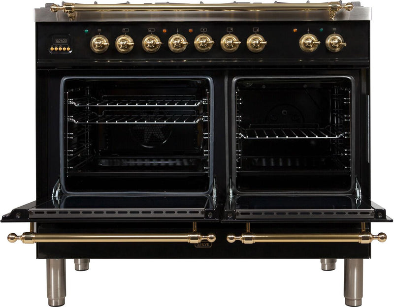 ILVE 40" Nostalgie - Dual Fuel Range with 5 Sealed Brass Burners - 3.55 cu. ft. Oven - Griddle with Brass Trim in Glossy Black (UPDN100FDMPN) Ranges ILVE 